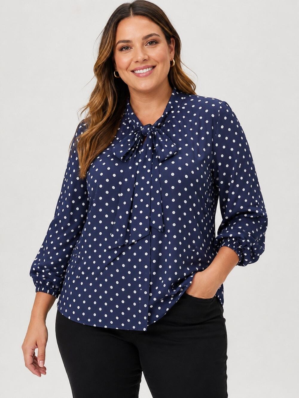 eShakti Navy White Polka Dot Tie Neck Cotton Blouse 5X 32W Long Sleeve Plus Size